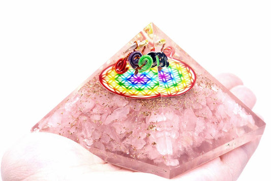 Orgonite Pyramid - Rose Quartz Rainbow Flower of Life - 70 mm